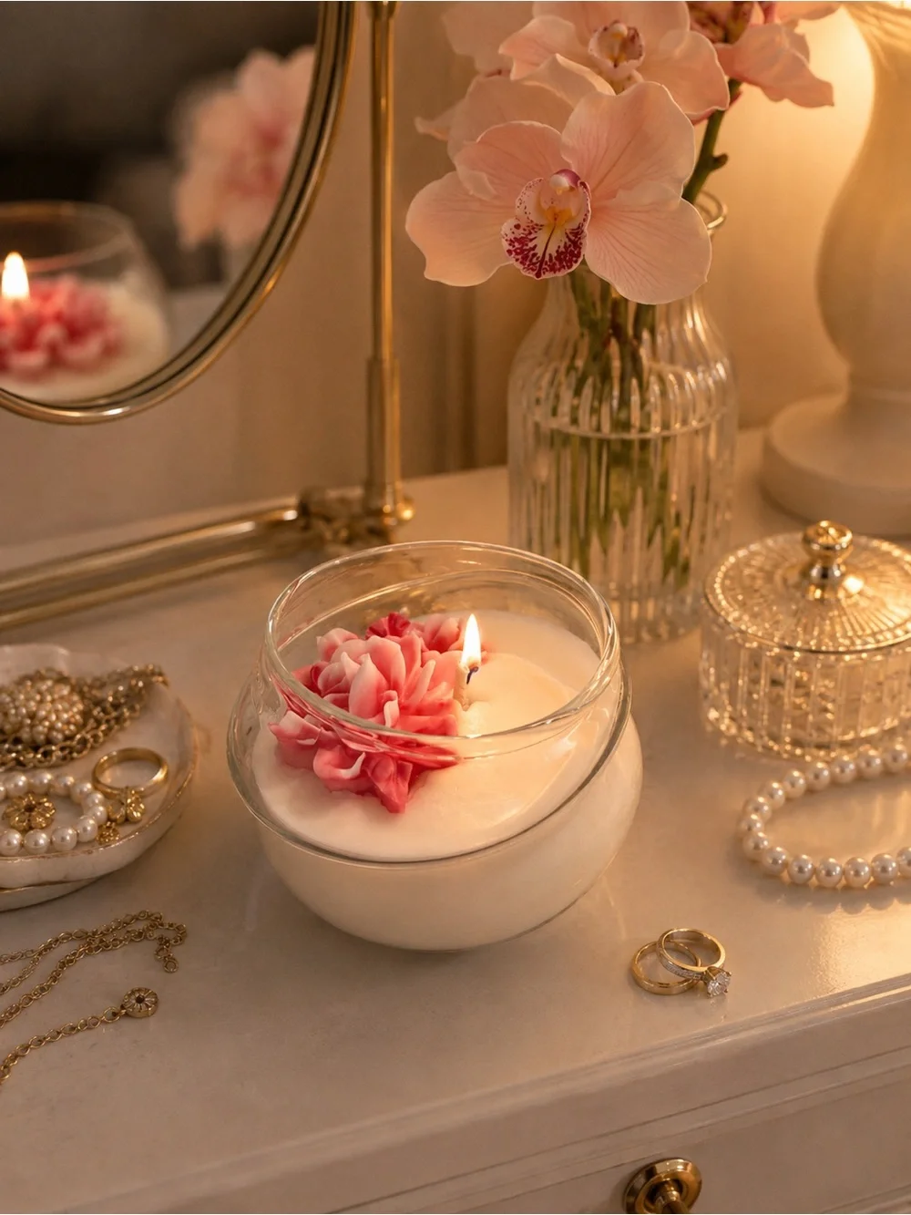 Pink Floral Glass Candle Bowl - Elegant Home Accent